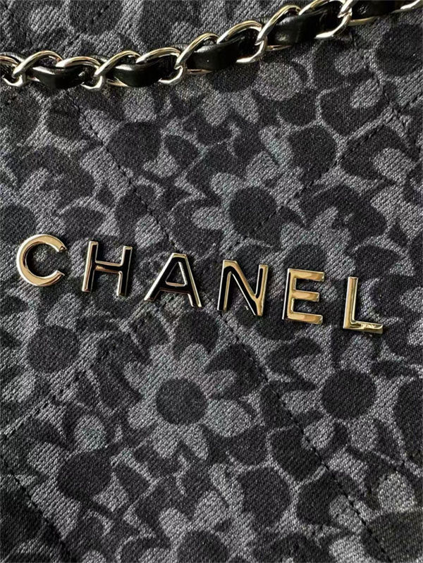 Chanel 22 SMALL HANDBAG Printed Denim & Silver-Tone Metal AS3260 High