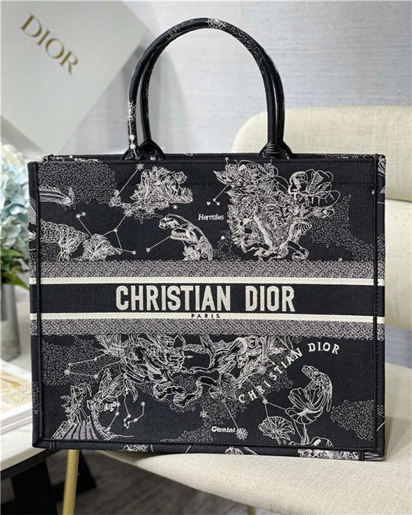 LARGE Dior BOOK TOTE Toile de Jouy Zodiac Embroidery Black High