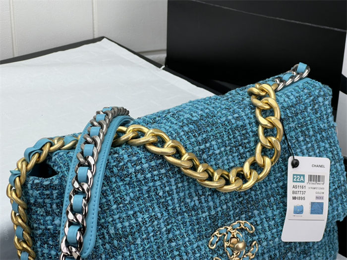 Large Chanel 19 Flap Bag Tweed Gold-Tone Blue High