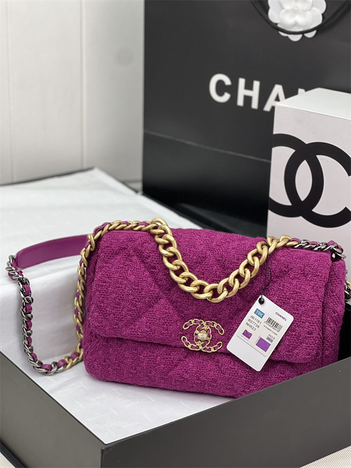 Large Chanel 19 Flap Bag Tweed Gold-Tone Fuchsia High