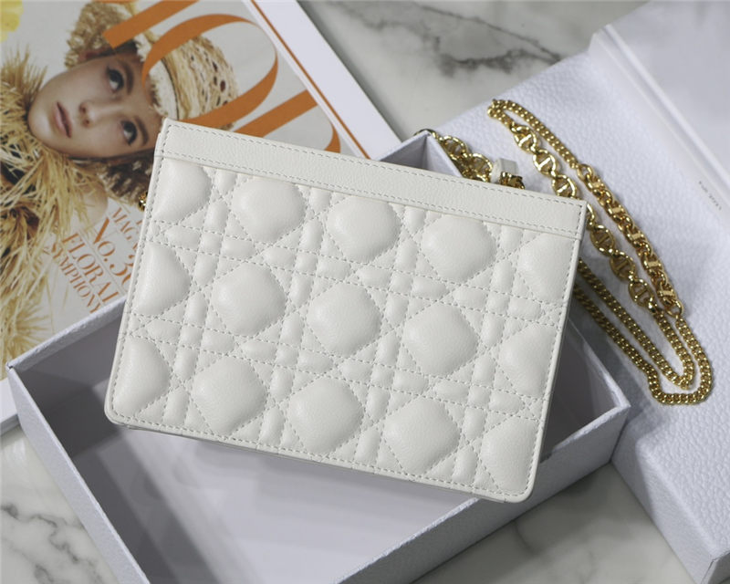 Dior CARO ZIPPED POUCH WITH CHAIN Supple Cannage Calfskin White High