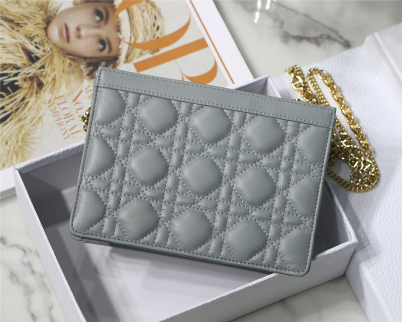 Dior CARO ZIPPED POUCH WITH CHAIN Supple Cannage Calfskin Grey High