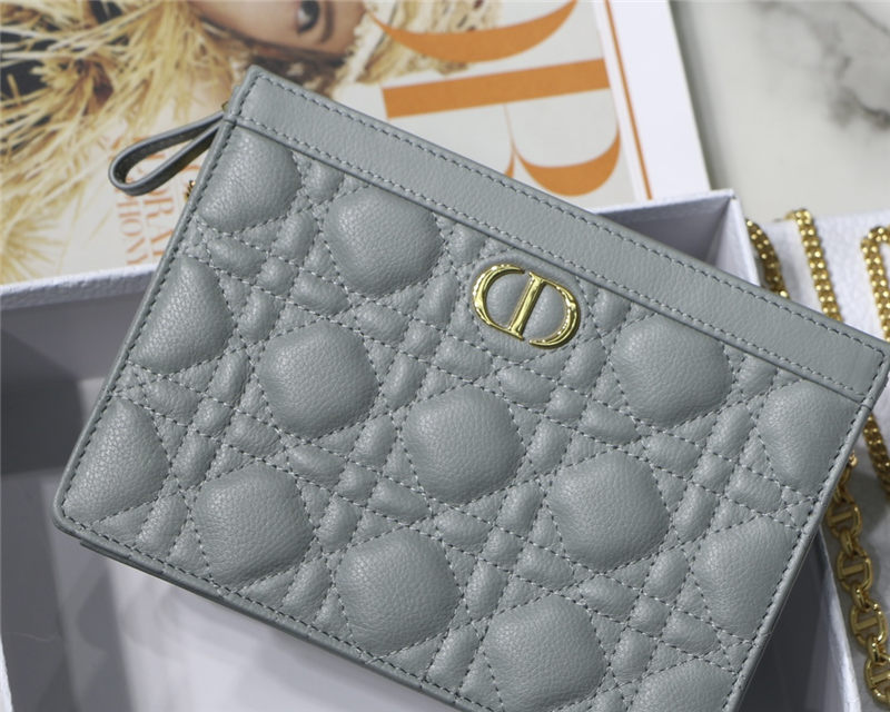 Dior CARO ZIPPED POUCH WITH CHAIN Supple Cannage Calfskin Grey High