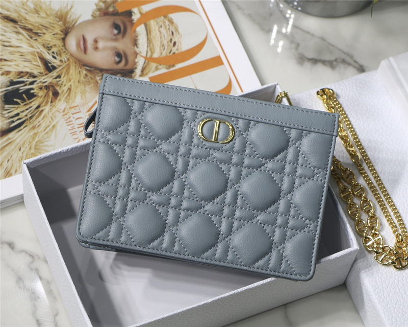 Dior CARO ZIPPED POUCH WITH CHAIN Supple Cannage Calfskin Grey Blue High