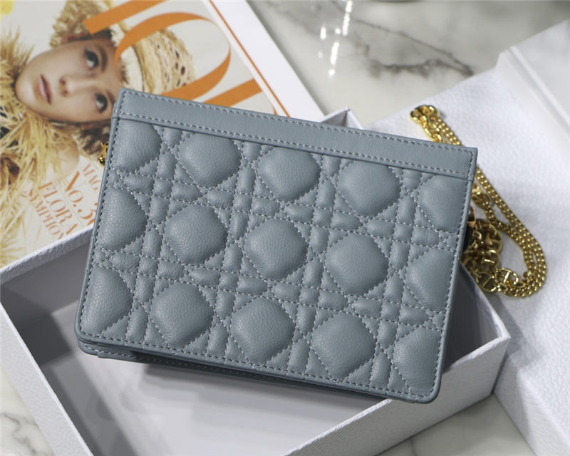 Dior CARO ZIPPED POUCH WITH CHAIN Supple Cannage Calfskin Grey Blue High