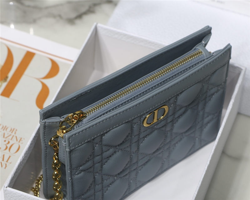 Dior CARO ZIPPED POUCH WITH CHAIN Supple Cannage Calfskin Grey Blue High