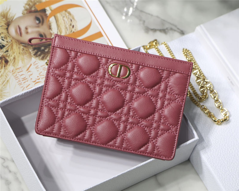 Dior CARO ZIPPED POUCH WITH CHAIN Supple Cannage Calfskin Fuchsia High