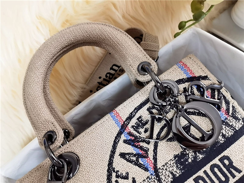 MEDIUM LADY D-LITE BAG Jute Canvas Embroidered with Dior Union Motif High