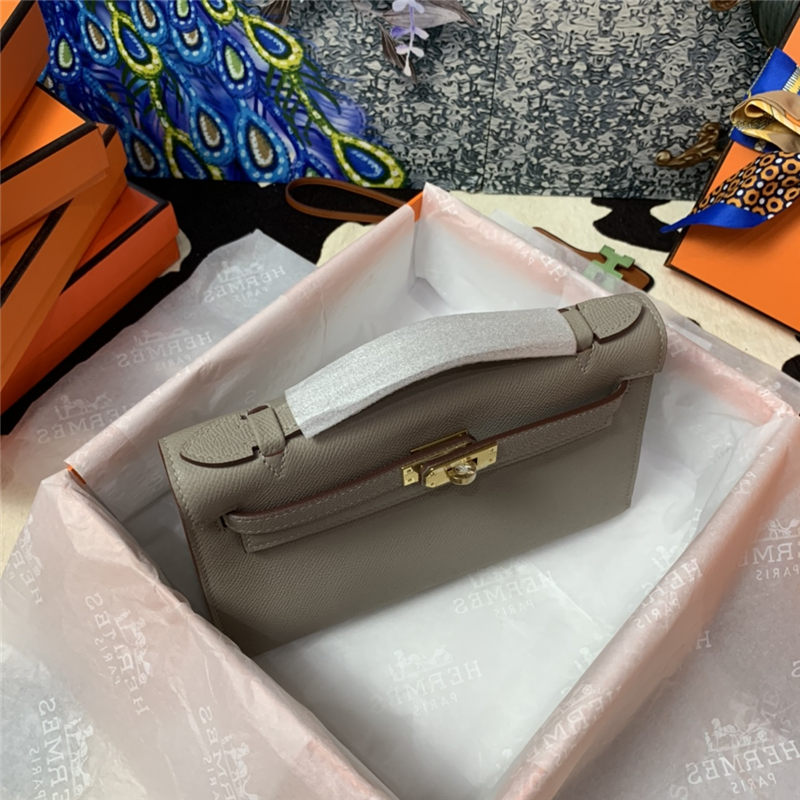 Hermes Kelly Pochette Bag Epsom Leather Silver/Gold Metal WAX High