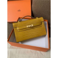 Hermes Kelly Pochette Bag Crocodile Silver/Gold Metal WAX High