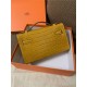 Hermes Kelly Pochette Bag Crocodile Silver/Gold Metal WAX High