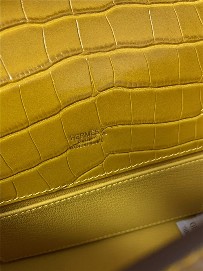 Hermes Kelly Pochette Bag Crocodile Silver/Gold Metal WAX High