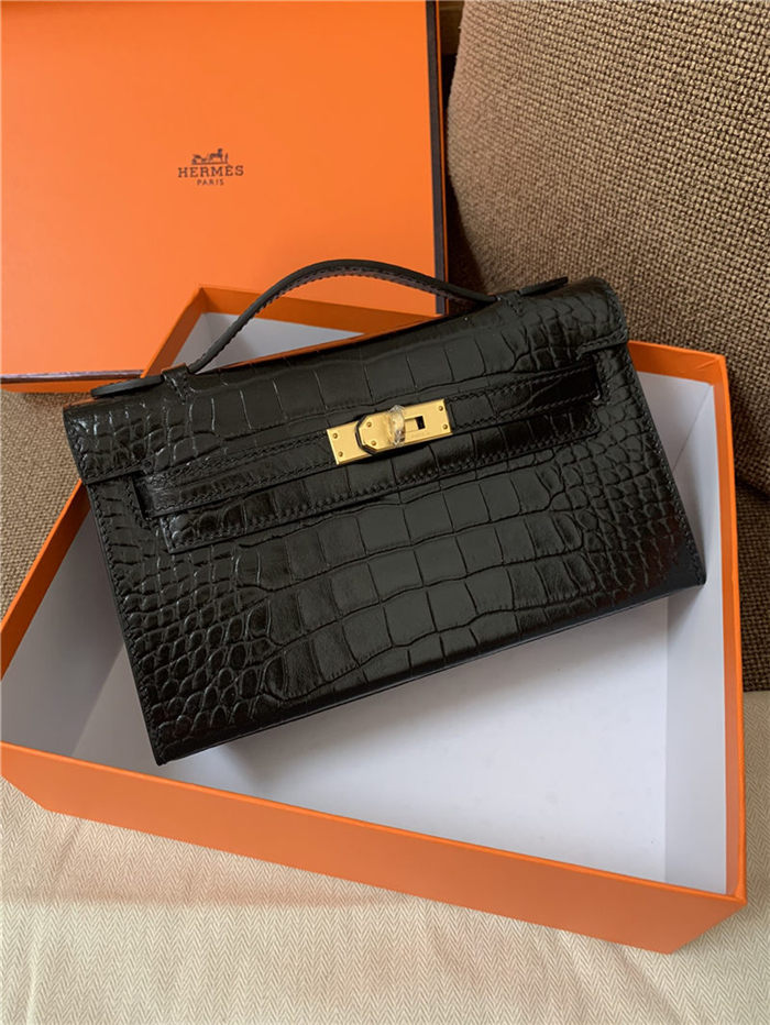 Hermes Kelly Pochette Bag Crocodile Silver/Gold Metal WAX Black High