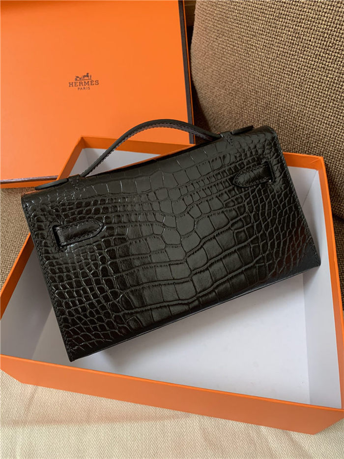 Hermes Kelly Pochette Bag Crocodile Silver/Gold Metal WAX Black High