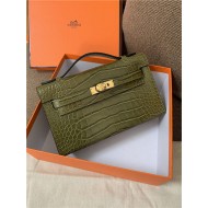 Hermes Kelly Pochette Bag Crocodile Silver/Gold Metal WAX High