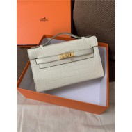 Hermes Kelly Pochette Bag Crocodile Silver/Gold Metal WAX High