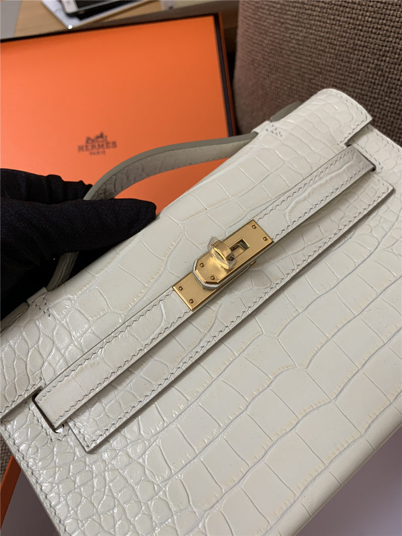 Hermes Kelly Pochette Bag Crocodile Silver/Gold Metal WAX High