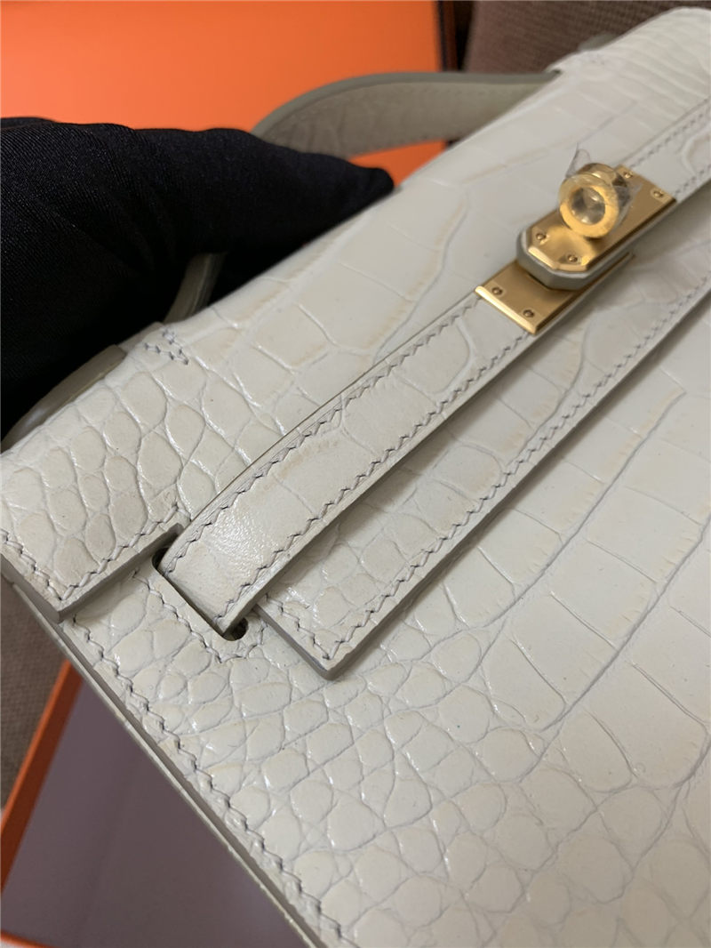 Hermes Kelly Pochette Bag Crocodile Silver/Gold Metal WAX High