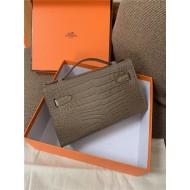 Hermes Kelly Pochette Bag Crocodile Silver/Gold Metal WAX High