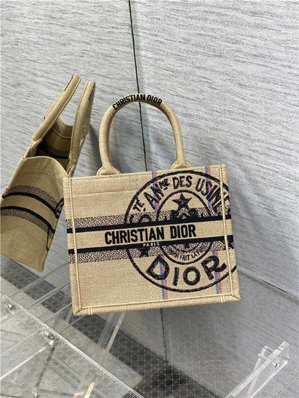 SMALL Dior BOOK TOTE Jute Canvas Embroidered with Dior Union Motif High