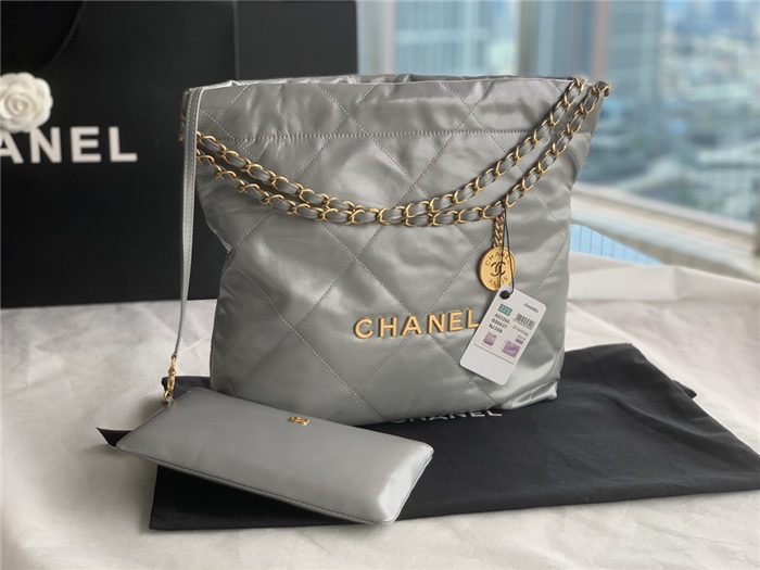 Chanel 22 SMALL HANDBAG Shiny Calfskin & Gold-Tone Metal AS3260 Grey High