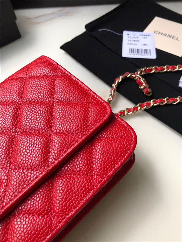 Classic Wallet on Chain A33814 Grained Calfskin Gold/Silver Metal Red B