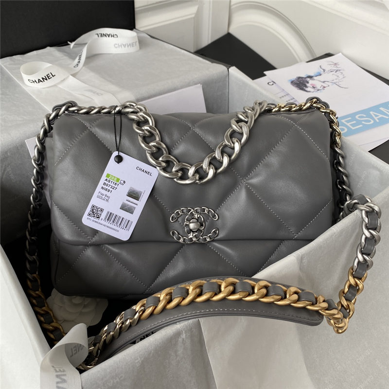 Large Chanel 19 Flap Bag Goatskin/Lambskin Dark Grey Silver High