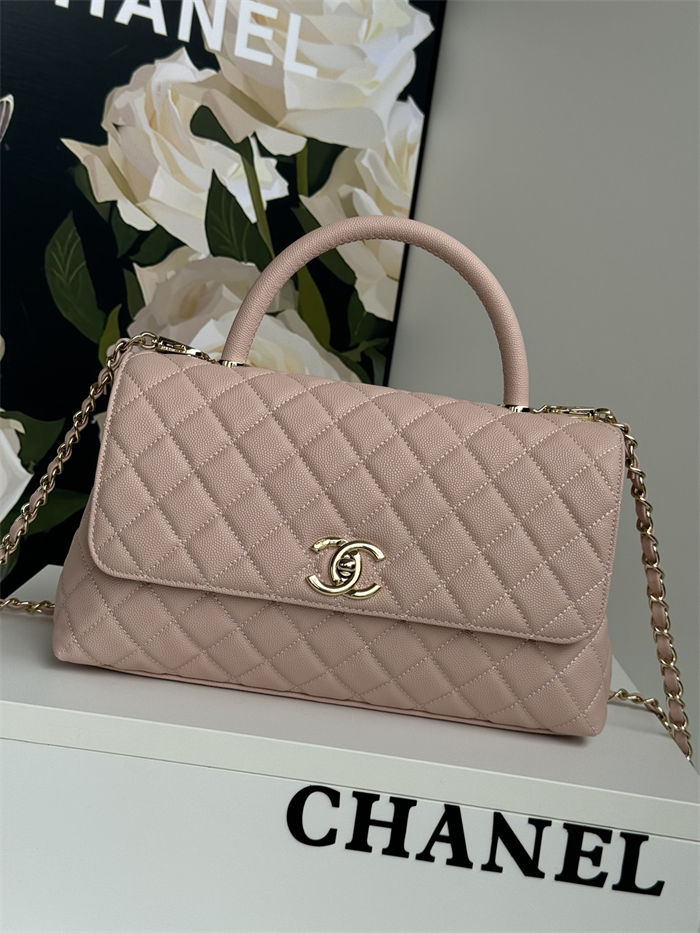 FLAP BAG WITH TOP HANDLE Grained Calfskin Pink-binding Gold Metal High