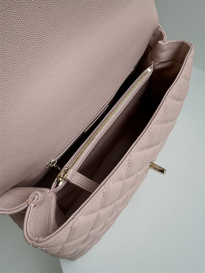 FLAP BAG WITH TOP HANDLE Grained Calfskin Pink-binding Gold Metal High