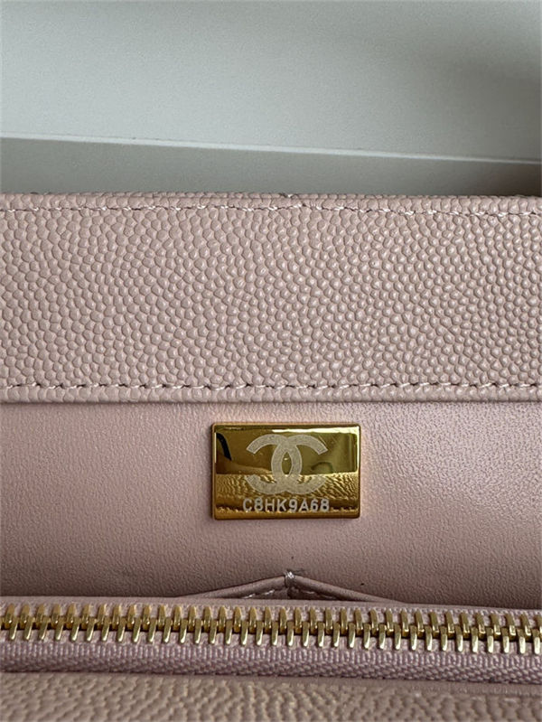 FLAP BAG WITH TOP HANDLE Grained Calfskin Pink-binding Gold Metal High