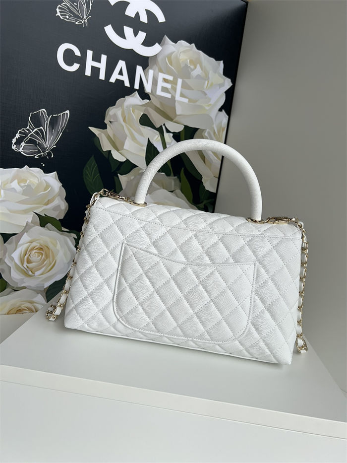 FLAP BAG WITH TOP HANDLE Grained Calfskin White-binding Gold Metal High