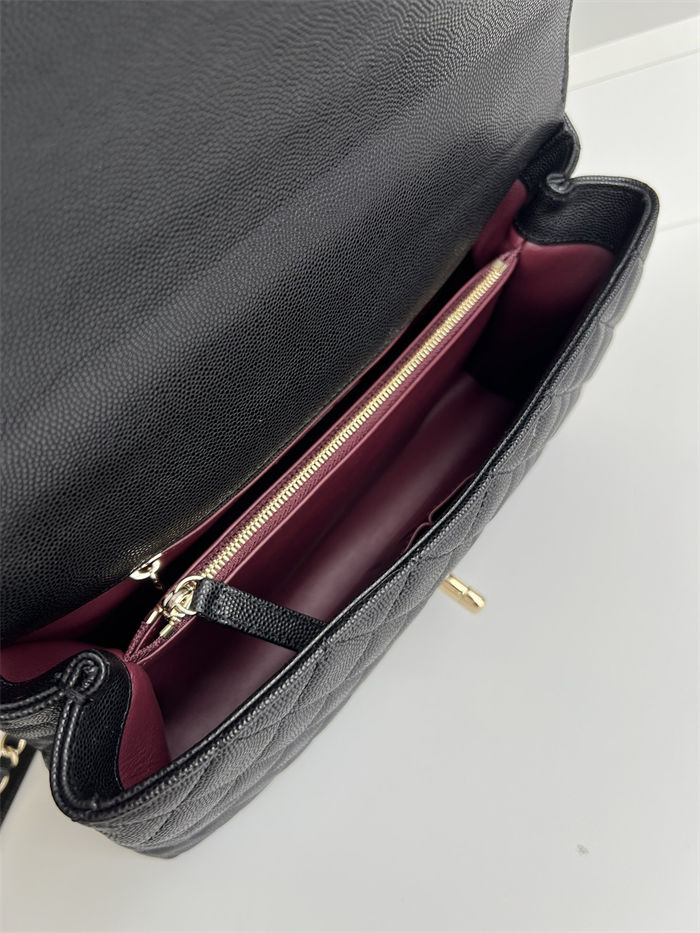 FLAP BAG WITH TOP HANDLE Grained Calfskin Black-binding Gold Metal High