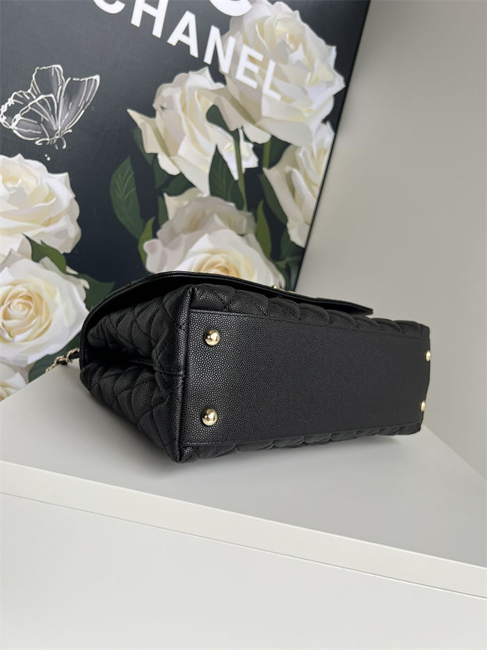 FLAP BAG WITH TOP HANDLE Grained Calfskin Black-binding Gold Metal High