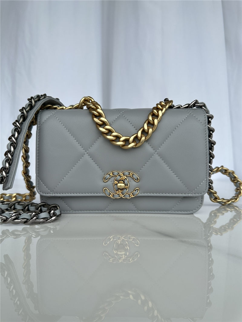 Chanel 19 WALLET ON CHAIN-A Shiny Lambskin, Gold/Silver-Tone & Ruthenium-Finish Metal Grey A