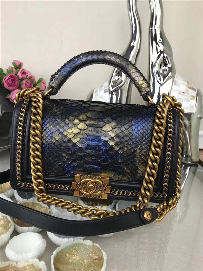 BOY Chanel FLAP BAG WITH HANDLE Python & Gold Metal High