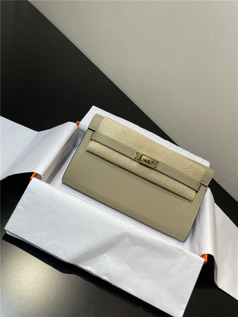 Hermes Kelly Classique To Go wallet Epsom calfskin Warm Grey Gold-Metal WAX High