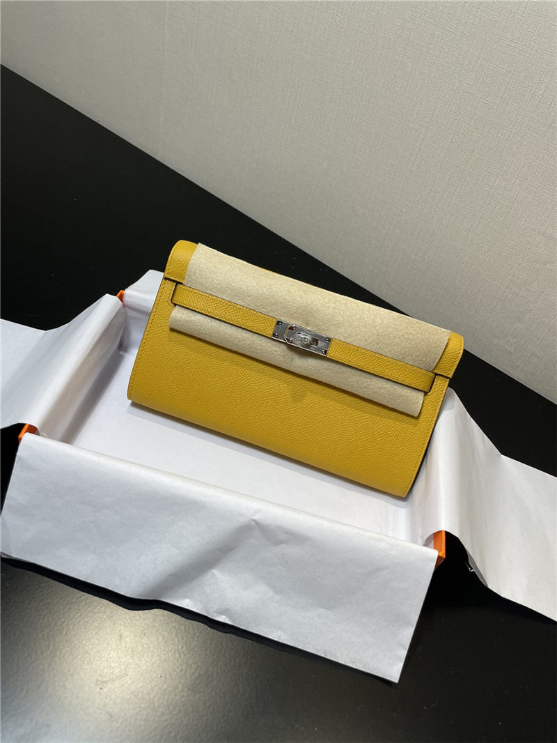 Hermes Kelly Classique To Go wallet Epsom calfskin Yellow Silver-Metal WAX High