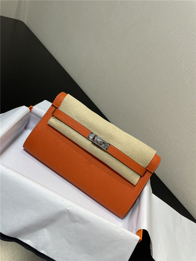 Hermes Kelly Classique To Go wallet Epsom calfskin Orange Silver-Metal WAX High