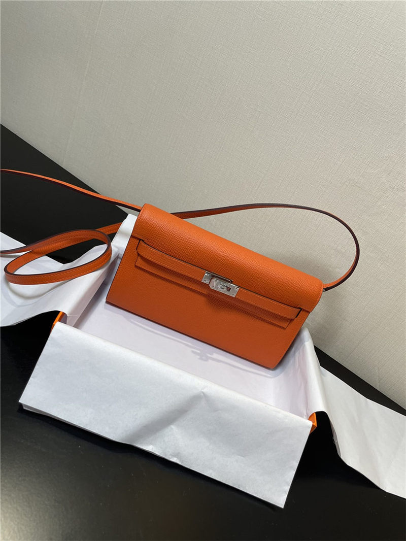 Hermes Kelly Classique To Go wallet Epsom calfskin Orange Silver-Metal WAX High