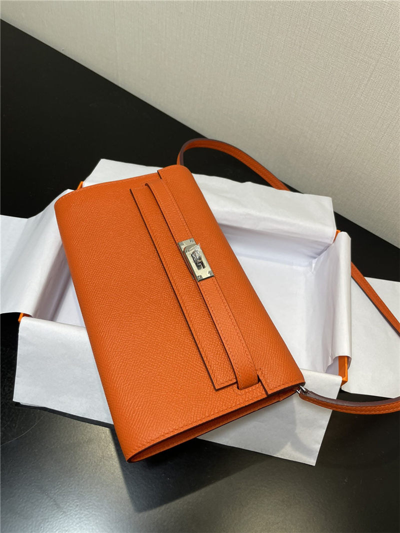 Hermes Kelly Classique To Go wallet Epsom calfskin Orange Silver-Metal WAX High