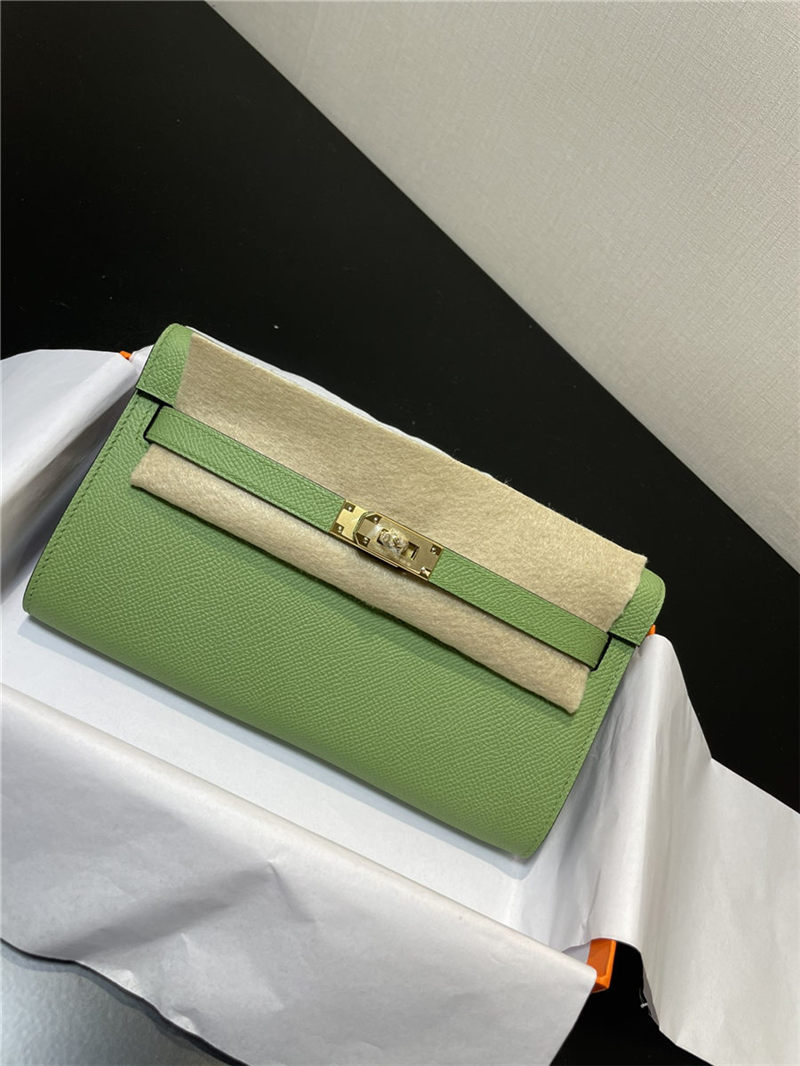 Hermes Kelly Classique To Go wallet Epsom calfskin Green Gold-Metal WAX High