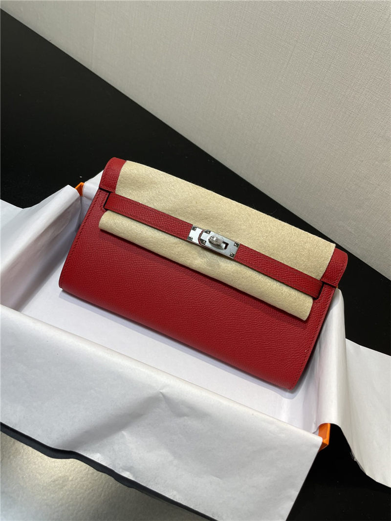 Hermes Kelly Classique To Go wallet Epsom calfskin Red Silver-Metal WAX High