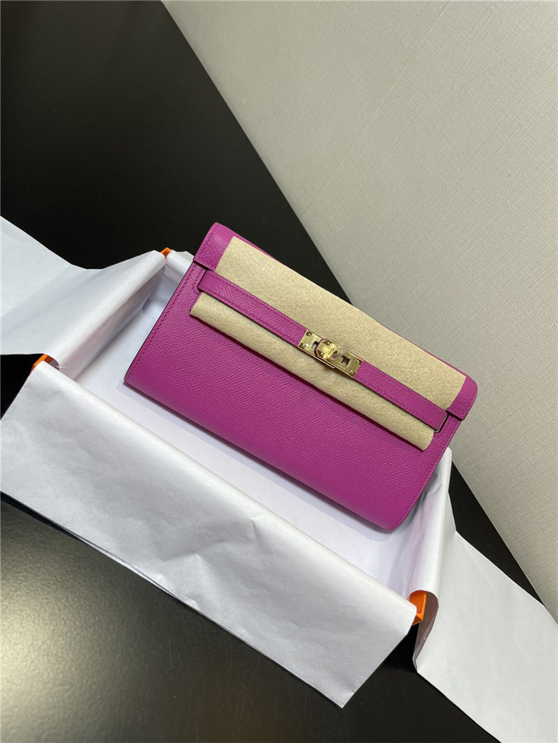 Hermes Kelly Classique To Go wallet Epsom calfskin Fuchsia Gold-Metal WAX High