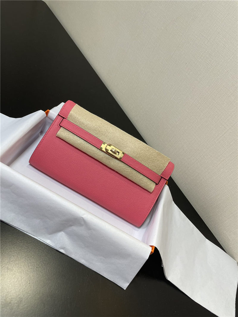 Hermes Kelly Classique To Go wallet Epsom calfskin Rose Pink Gold-Metal WAX High