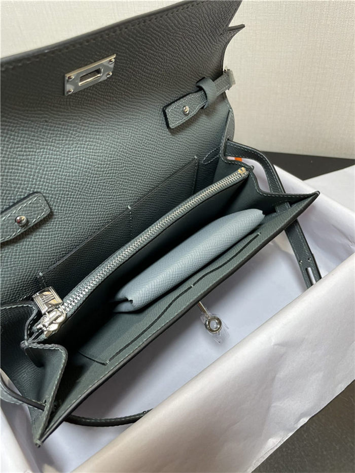 Hermes Kelly Classique To Go wallet Epsom calfskin Grey Green Silver-Metal WAX High