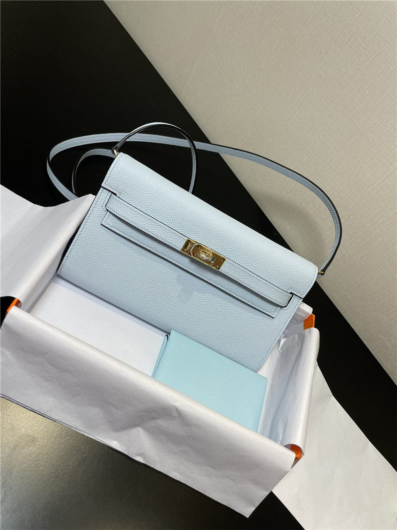 Hermes Kelly Classique To Go wallet Epsom calfskin Light Blue Gold-Metal WAX High