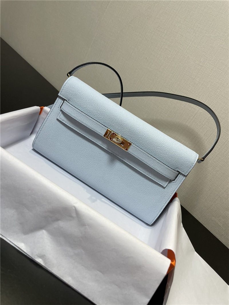 Hermes Kelly Classique To Go wallet Epsom calfskin Light Blue Gold-Metal WAX High