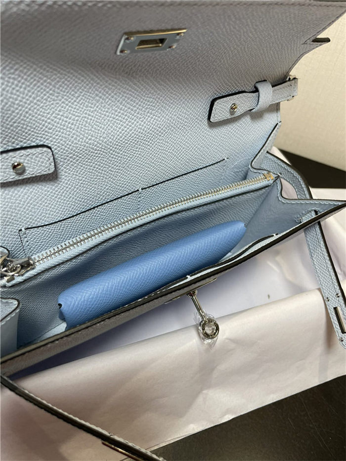 Hermes Kelly Classique To Go wallet Epsom calfskin Light Blue Silver-Metal WAX High