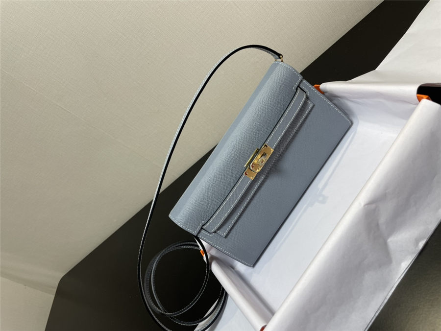 Hermes Kelly Classique To Go wallet Epsom calfskin Grey Blue Gold-Metal WAX High