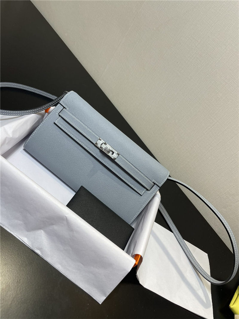 Hermes Kelly Classique To Go wallet Epsom calfskin Grey Blue Silver-Metal WAX High